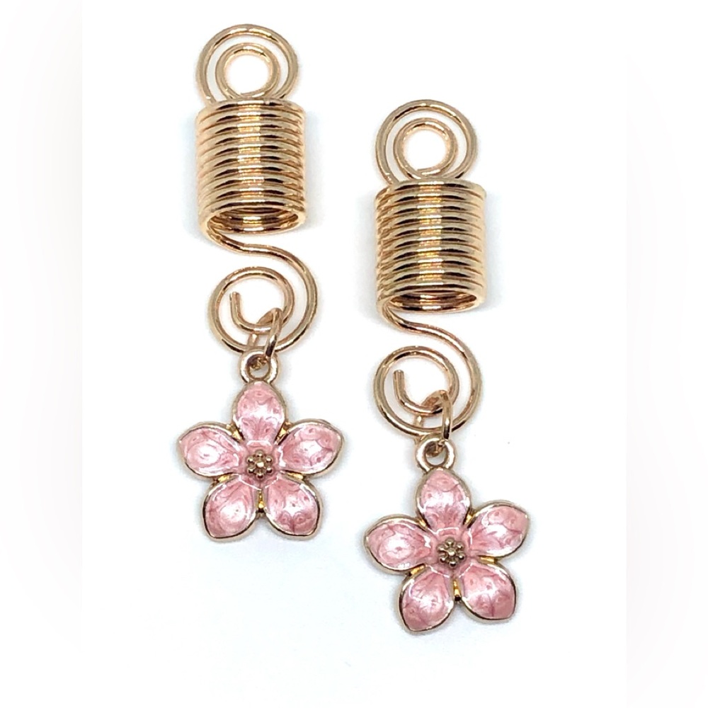 Shell Pink Enamel Flower Floral Gold Tone Hair Coils Accessory Pair NWOT 2” Boho